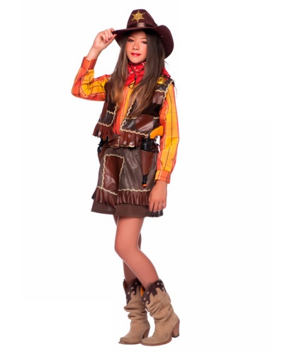 Детский костюм Ковбой для девочки: жилетка, накладки на обувь, платок на шею, пояс, рубашка, юбка (Италия)