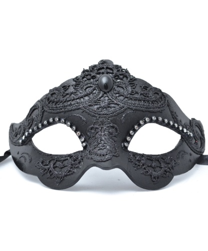 Венецианская маска украшенная кружевом, черная, папье-маше, стразы, кружево (Италия)