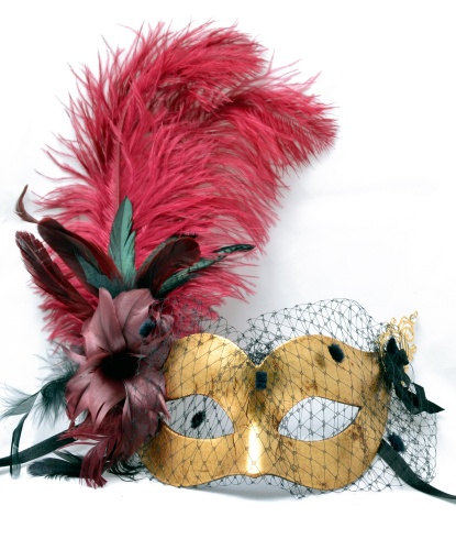 Золотая маска с вуалью и перьями, перья, папье-маше (Италия)