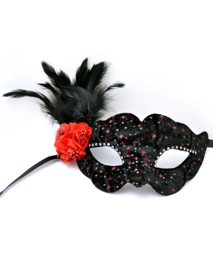 Венецианская маска с красным цветком, полиэстер, перья, папье-маше, стразы (Италия)