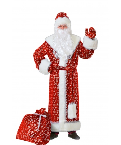 Костюм Дед Мороз: шуба, шапка, пояс, варежки, борода, мешок (Россия)