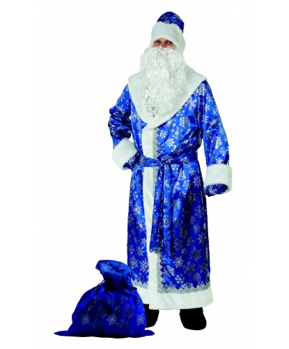 Костюм Деда мороза синий: шуба, пояс, шапка ,варежки, борода,мешок (Россия)
