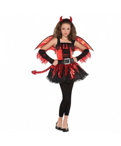 Подростковый костюм дьяволицы: платье, хвост, крылья, ободок, леггинсы, нарукавники (Германия)