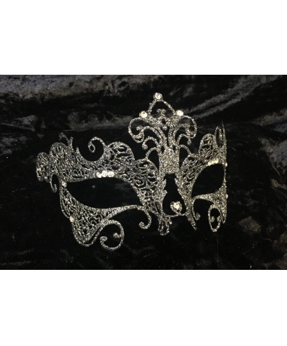 Карнавальная ажурная маска с серебряными блестками, металл, стразы, блестки (Италия)