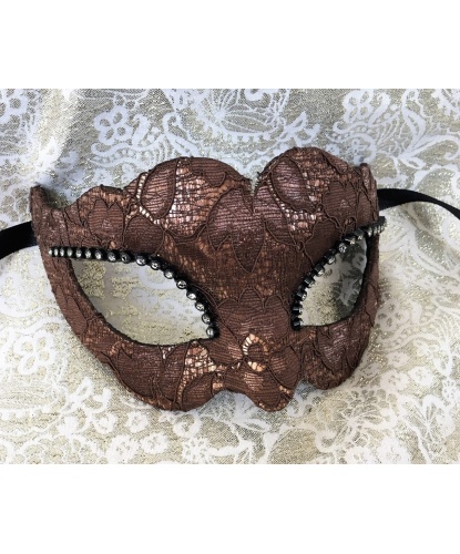 Карнавальная маска Ricoperta, коричневая, стразы, кружево, папье-маше (Италия)