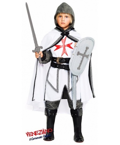Детский костюм Рыцарь-крестоносец: балахон, накидка, брюки, головной убор, накладки на обувь, пояс, щит и меч (Италия)