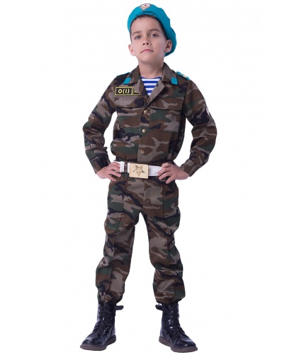 Детский костюм Десантник: рубашка, брюки, майка-тельняшка, берет, ремень с металлической пряжкой (Россия)