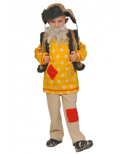 Костюм Дедушка Домовой: рубаха, серая жилетка, штаны, серая шапка, желтая борода (Россия)
