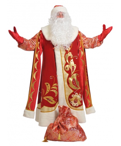 Костюм Деда Мороза Хохлома (Deluxe): шуба на подкладе, шапка, варежки, борода, мешок (Россия)