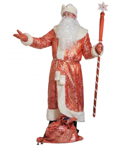 Костюм Деда Мороза: шуба, шапка, варежки, мешок, борода, пояс (Россия)