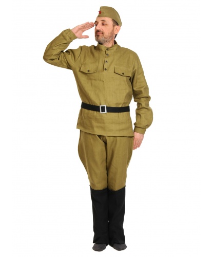 Взрослый костюм солдата в сапогах: пилотка, гимнастёрка, ремень, галифе с сапогами (Россия)