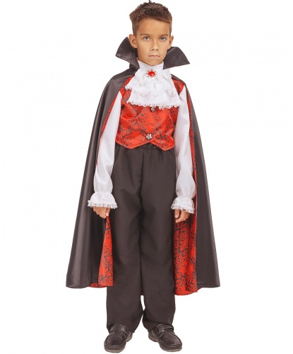 Детский костюм Дракула: рубашка с вшитой жилеткой, штаны, плащ, накладные зубы (Россия)