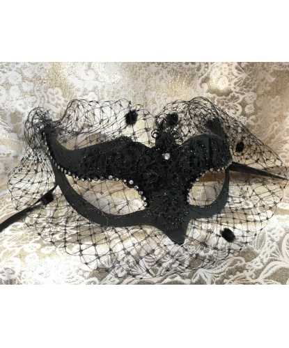 Карнавальная маска volpina с вуалью, чёрная, папье-маше, стразы, блестки, кружево, сетка (Италия)