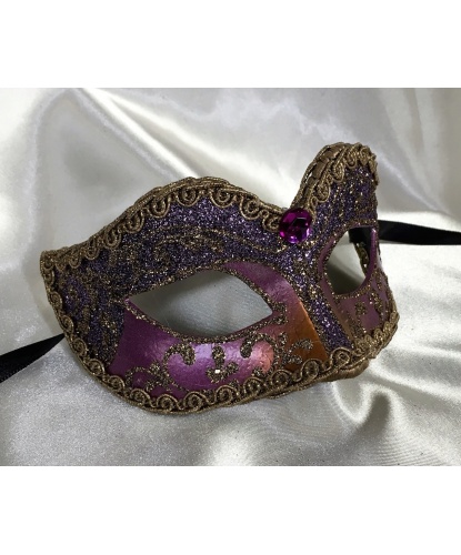Венецианская маска классической формы, сиреневая, папье-маше, блестки, тесьма (Италия)