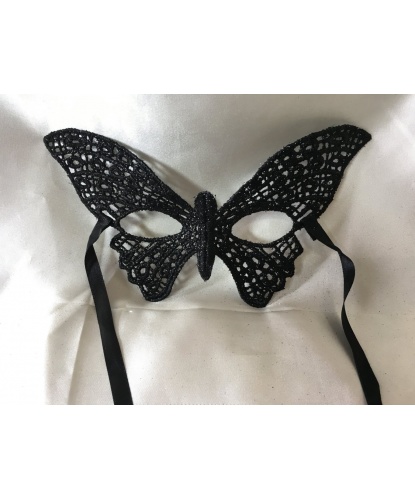 Кружевная маска Бабочка, черная с блестками, кружево, блестки (Италия)