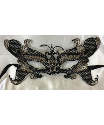 Кружевная маска бабочки, черная с золотом, блестки, кружево (Италия)