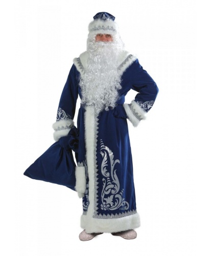 Костюм Деда Мороза, синий с аппликацией: шуба, шапка, пояс, варежки, борода, мешок (Россия)