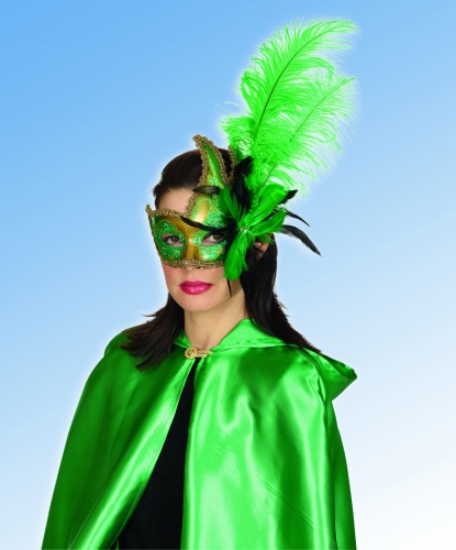 Ассиметричная золотая маска с зелеными перьями, перья, пластик (Германия)
