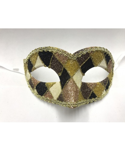 Карнавальная маска Arlecchino c золотой тесьмой (коричнево-золотая), пластик, блестки, тесьма (Италия)