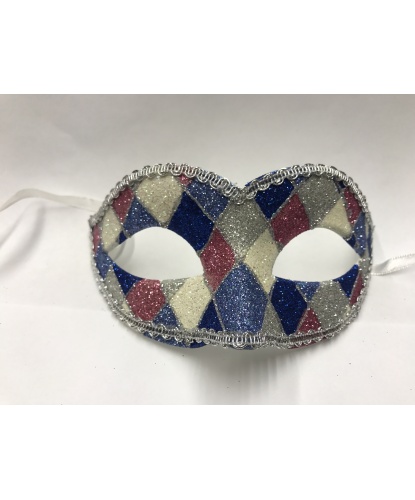 Карнавальная маска Arlecchino c серебряной тесьмой (голубая), пластик, блестки, тесьма (Италия)