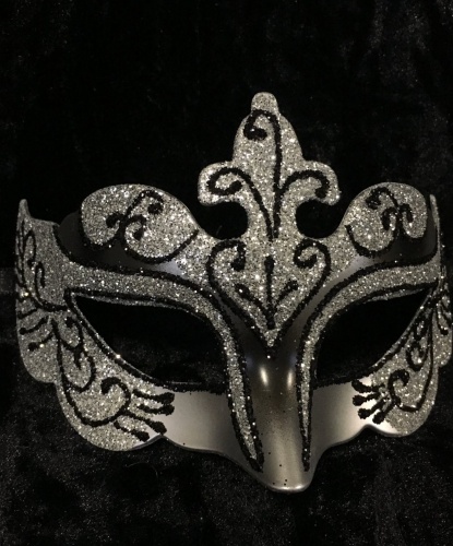 Карнавальная маска с блестками (серебряная), пластик, блестки (Италия)