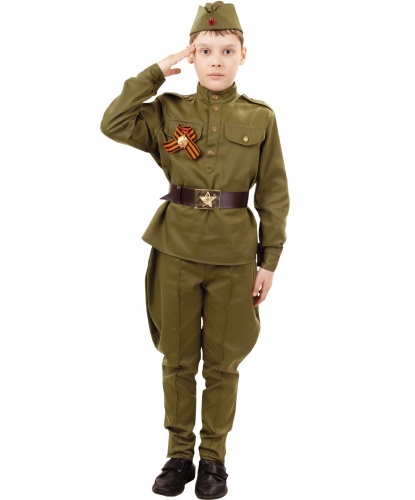 Костюм солдата с брюками галифе: гимнастерка, брюки, ремень, пилотка, ленточка (Россия)