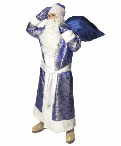 Карнавальный костюм Дед Мороз жаккардовый (синий): шуба, рукавицы, кушак, мешок, шапка, парик, борода (Россия)