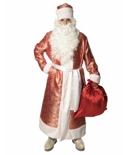 Карнавальный костюм Дед Мороз жаккардовый (красный): шуба, рукавицы, кушак, мешок, шапка, парик, борода (Россия)