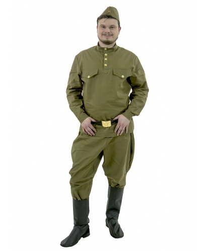 Костюм солдата на взрослого: гимнастерка, брюки-галифе, пилотка, ремень (Россия)