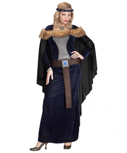 Костюм средневековой дамы: платье с накидкой, пояс, повязка на голову (Италия)
