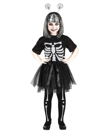 Костюм скелета для девочки: футболка, юбка, головной убор (Италия)