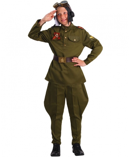 Детский костюм военного летчика: гимнастерка, брюки, ремень, шлем, очки (Россия)