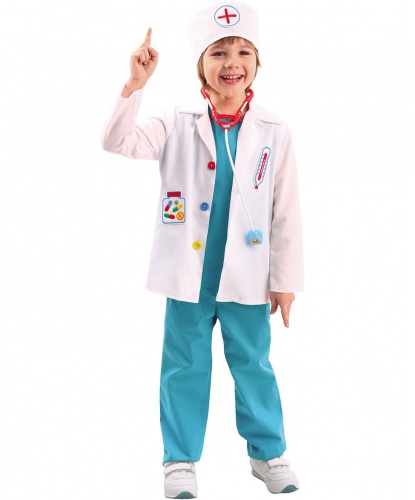 Детский костюм Доктор в пиджаке: рубашка без рукавов, брюки, пиджак, шапка, стетоскоп (Россия)