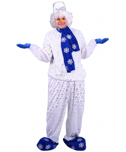 Взрослый костюм Снеговик: кофта, брюки, варежки, шафр, головной убор, морковка, парик, обувь (Россия)