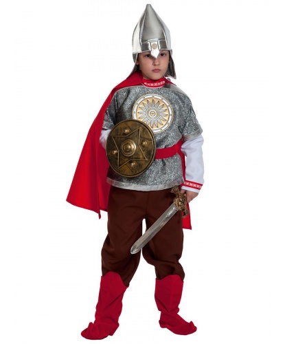 Детский костюм Богатырь Илья: рубашка с кольчугой, плащ, шлем, брюки, накладки на обувь, щит, меч (Россия)