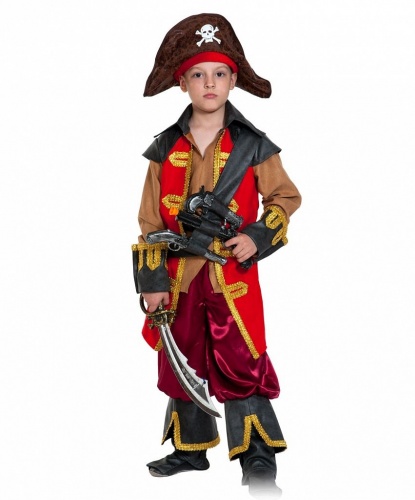 Детский костюм Капитан Морган: треуголка, кафтан с камзолом, пояс, штаны с ботфортами, перевязь с 3 мушкетами, сабля (Россия)