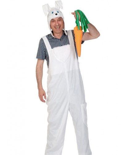 Взрослый костюм белого зайца: полукомбинезон, шапка-маска, морковка (Россия)
