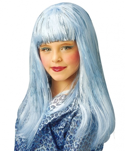 Голубой блестящий парик для девочки: голубой, серебристый, синий, бирюзовый (Италия)