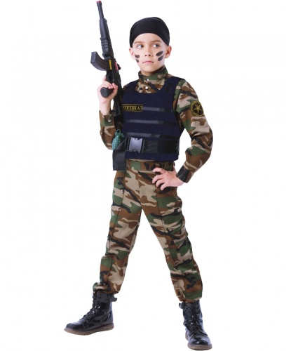 Детский костюм для мальчика Спецназ: рубашка, брюки, бронежилет, бандана, граната, автомат (Россия)