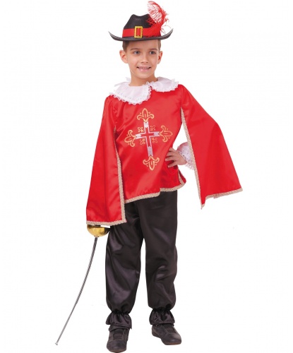 Костюм красного Мушкетера: рубашка с плащом, брюки, шляпа,шпага (Россия)