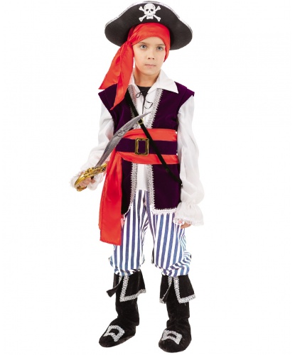 Костюм пиратский для мальчика: рубашка с жилетом и поясом, брюки с сапогами, бандана, шляпа, сабля (Россия)